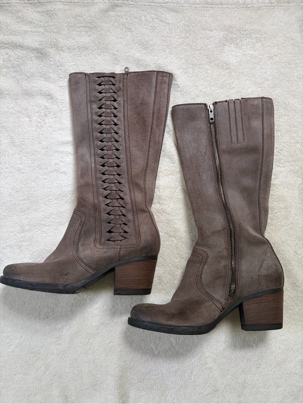 Born Opanka Taupe Leather Suede Woven Heeled Knee High Boots